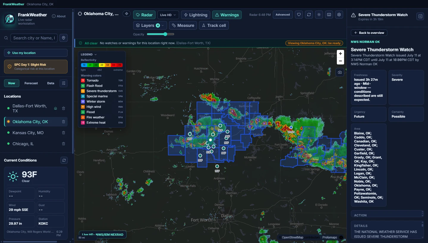 FrankWeather displaying live radar, alert polygons, and watch information